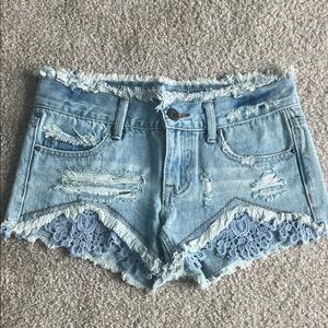 Indigo Rein Light Blue Distressed Denim Shorts with Lace Insets